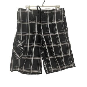 HURLEY Shorts Mens 30 Cargo Swimming Trunks‎ Black Check Surf Board Water Sports